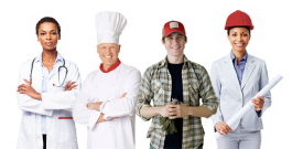 Decorative banner of a doctor, baker, plumber and construction worker